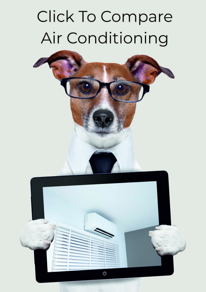 Dog with glasses holding tablet showing Air Conditioning unit for use in a Garden rooms.