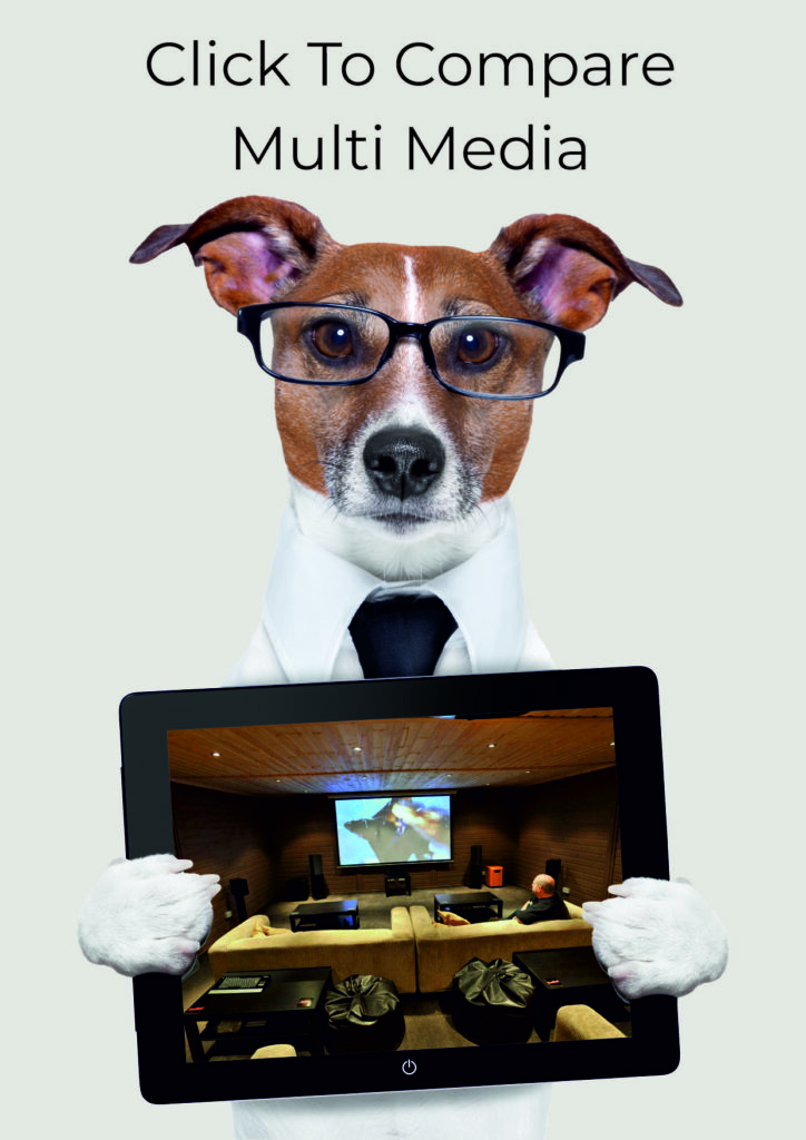 Dog with glasses holding tablet showing Multi Media in garden room