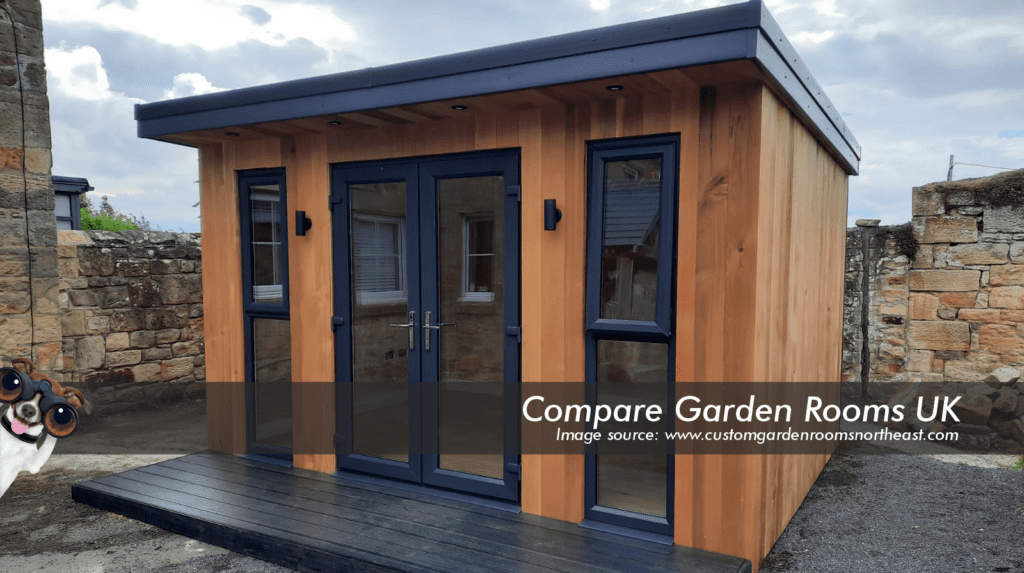 oak garden room with dark grey roof , windows and french doors