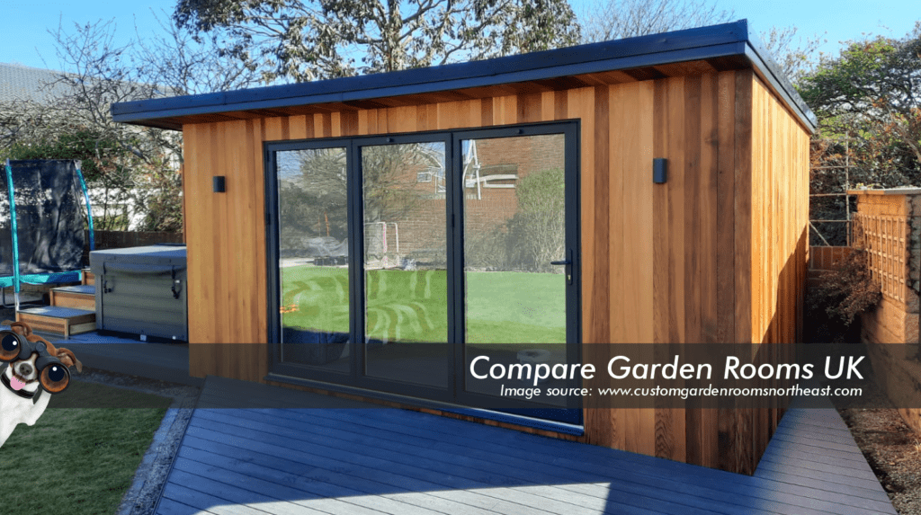 oak garden room with dark grey roof , windows and french doors