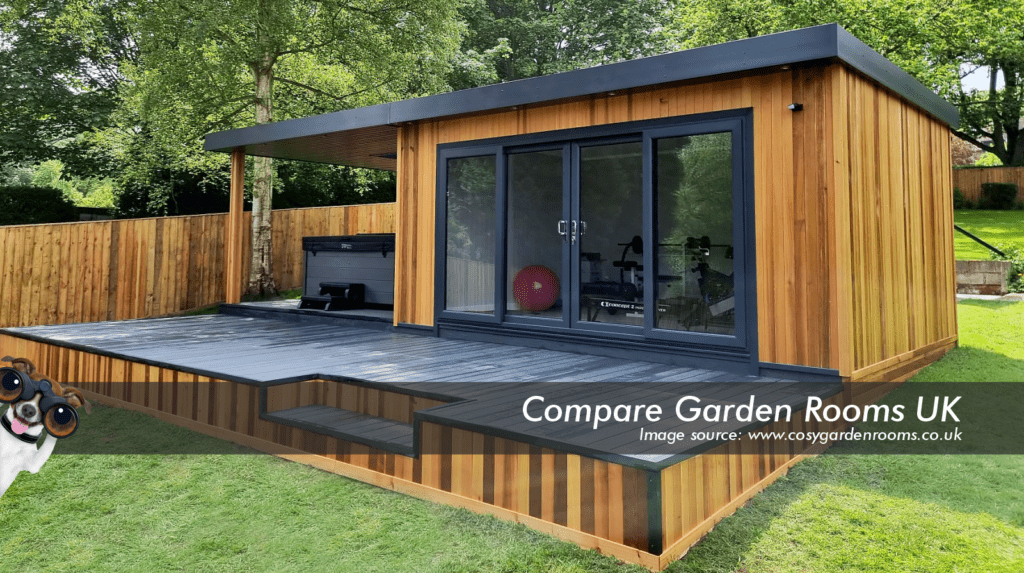 oak garden room with dark grey roof , windows and french doors