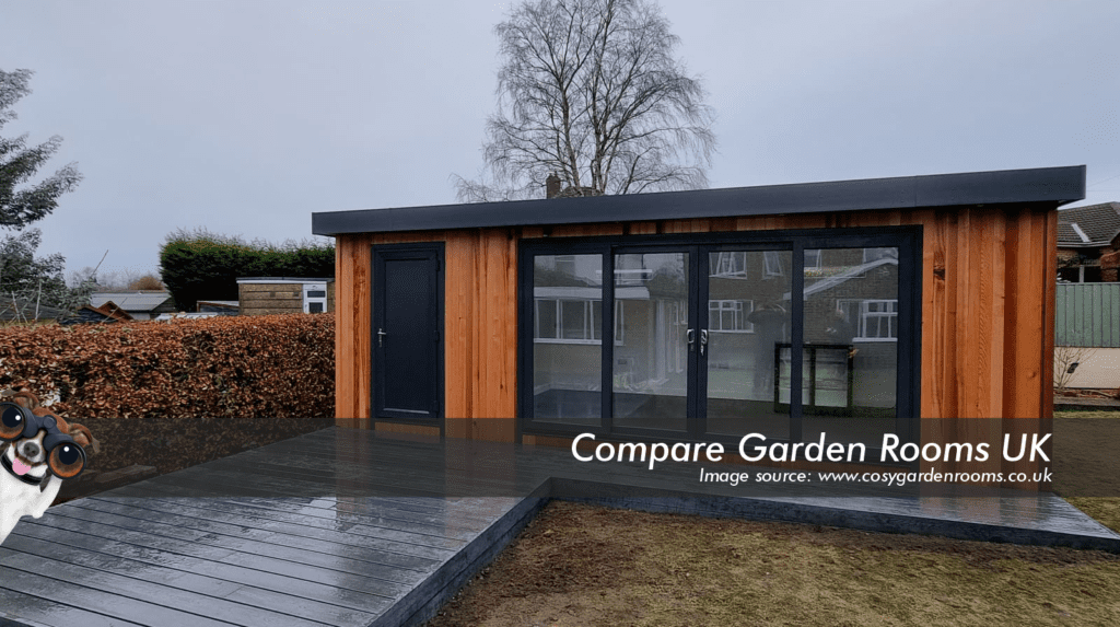 oak garden room with dark grey roof , windows and french doors
