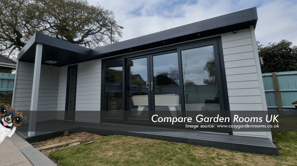 grey garden room with dark grey roof , windows and french doors