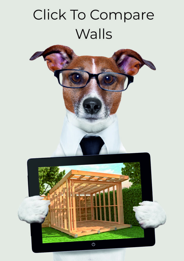 Dog with glasses holding tablet showing Timber garden room frame used as external wall.