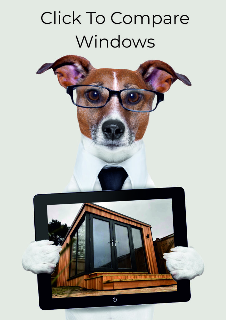 Dog with glasses holding tablet showing Window frame on the corner of a Garden rooms from a low angle.