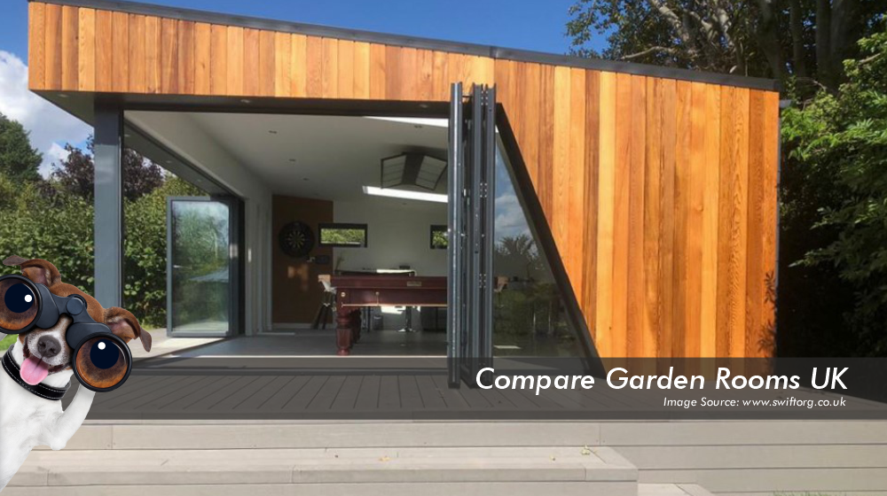 oak garden room with dark grey roof , windows and bi folding doors