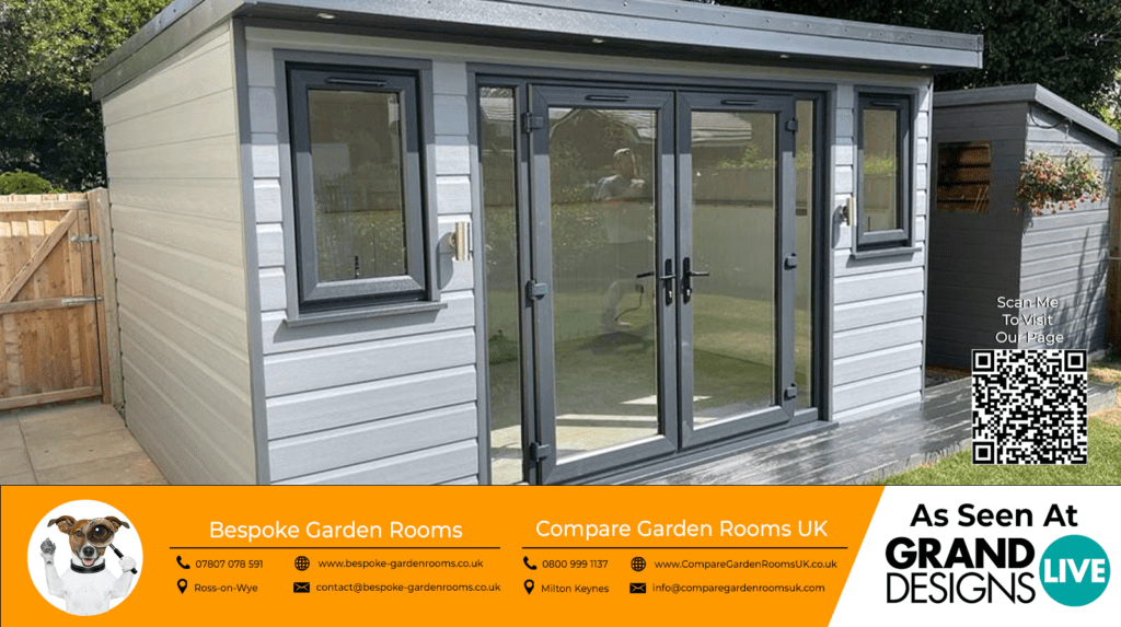 light grey garden room with black french doors