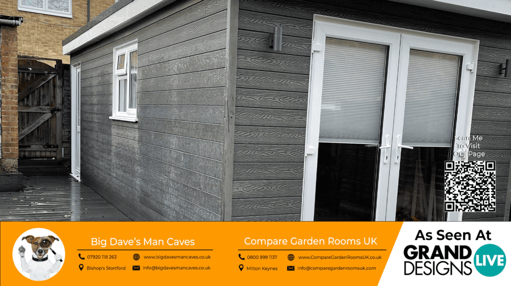 close up of a wooden garden room with white french doors