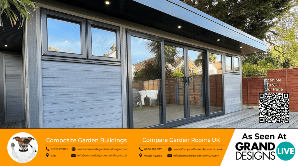 light grey garden room with black french doors
