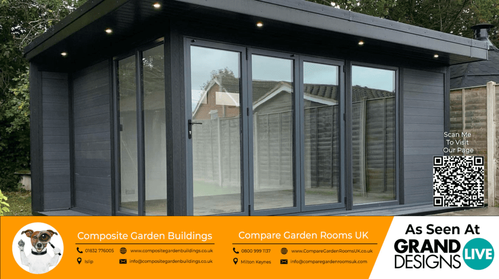 light grey garden room with black bi folding doors