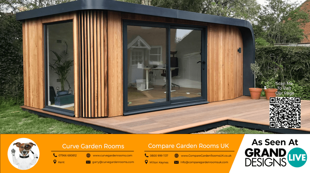 oak curve garden room with dark grey bi folding doors
