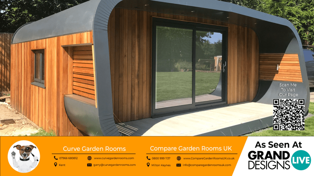 oak curved garden room with dark grey bi folding doors