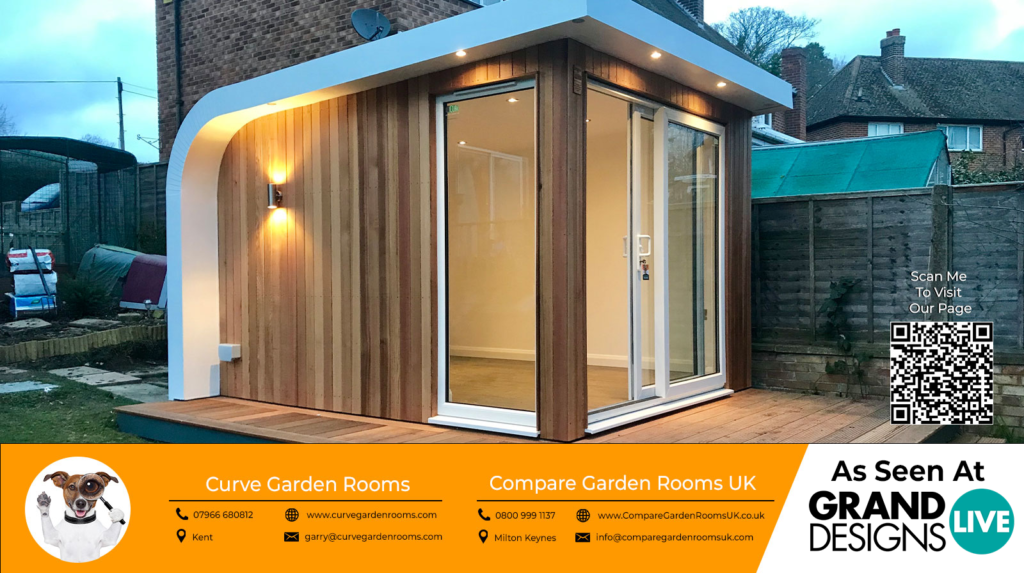 oak curve garden room with white roof , windows and french doors