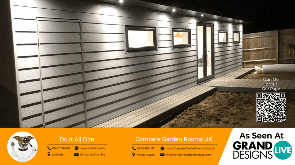 close up light grey garden room with dark french doors