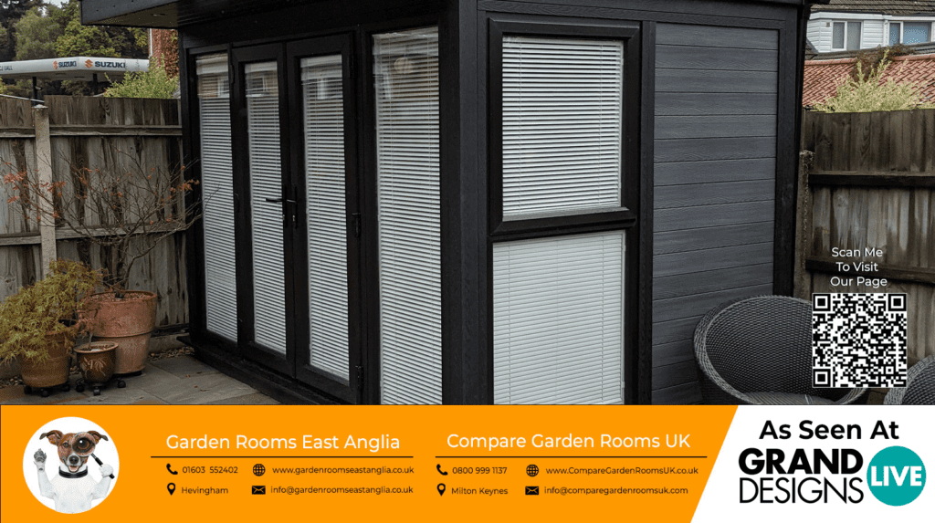 stunning black garden room with black french doors and windows