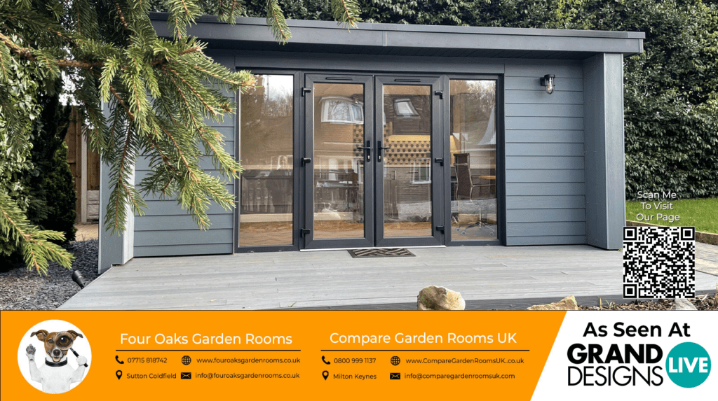 light grey garden room with black french doors