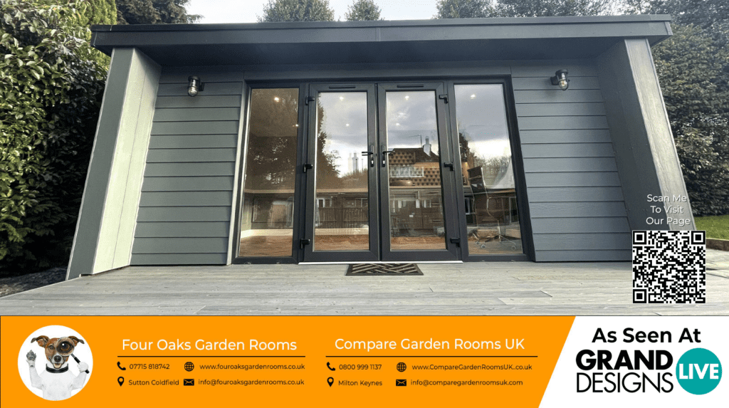 light grey garden room with black french doors