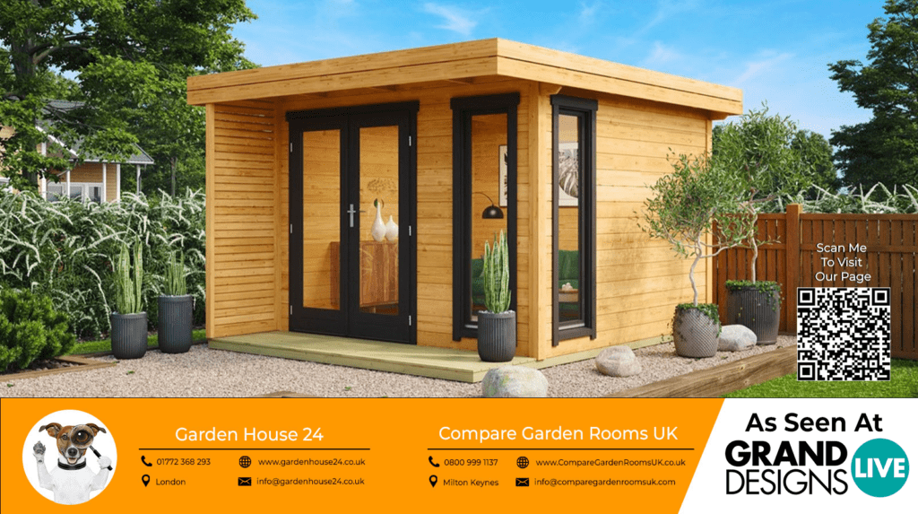 light oak garden room with black windows and french doors