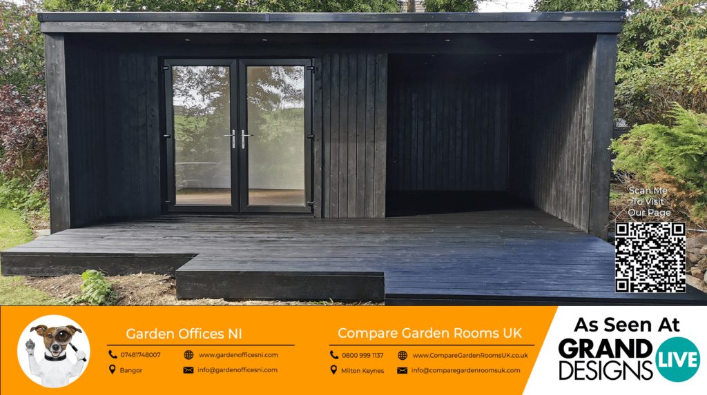 stunning black garden room with black french doors and windows