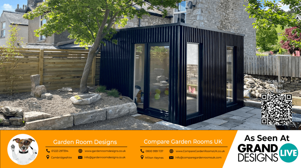 stunning black garden room with black french doors and windows