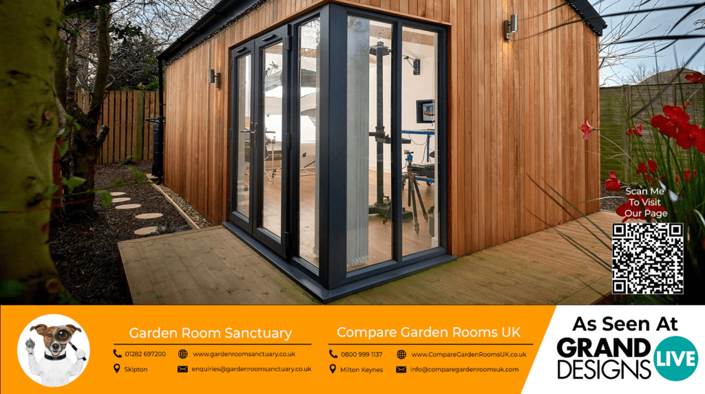 oak garden room with dark grey bi folding doors