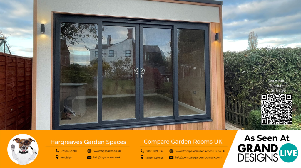 oak garden room with dark grey sliding doors