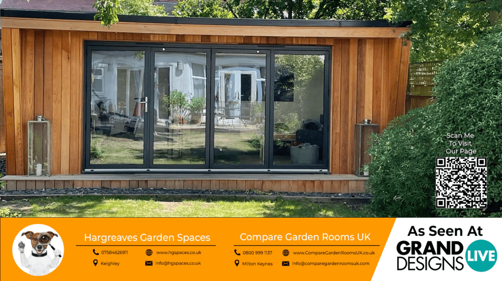 oak garden room with dark grey bi folding doors