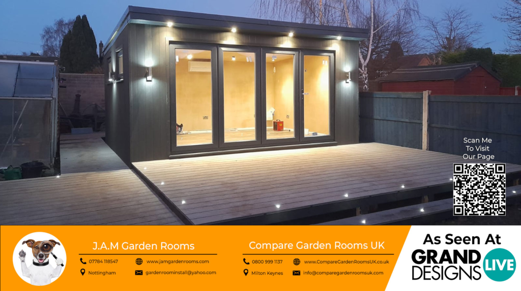 grey garden room with black sliding doors