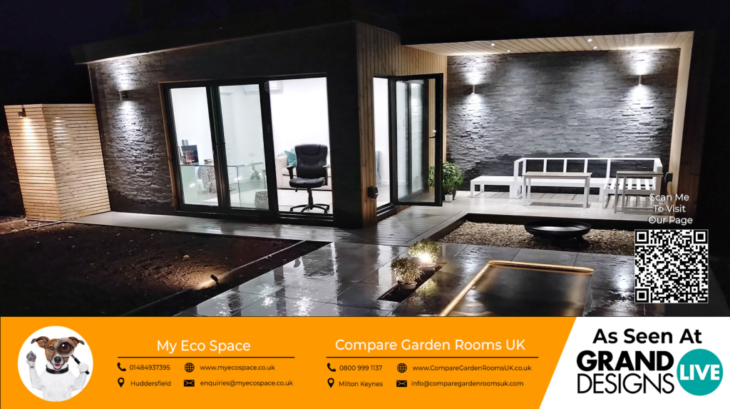 dark grey garden room with black sliding doors