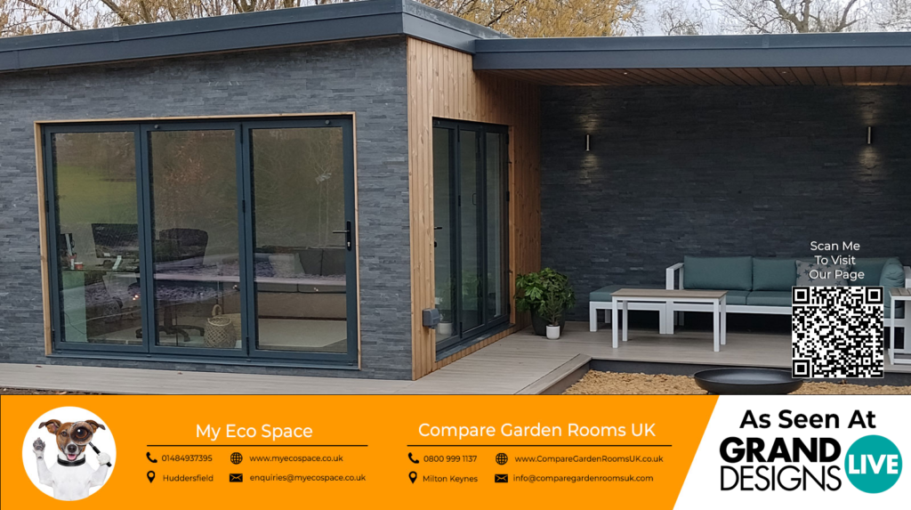 dark grey garden room with black sliding doors