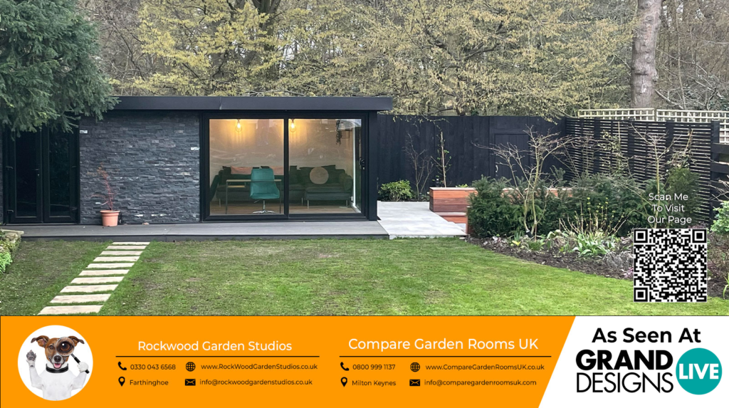 dark grey garden room with black sliding doors