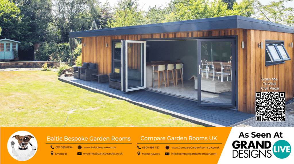 oak garden room with dark grey bi folding doors