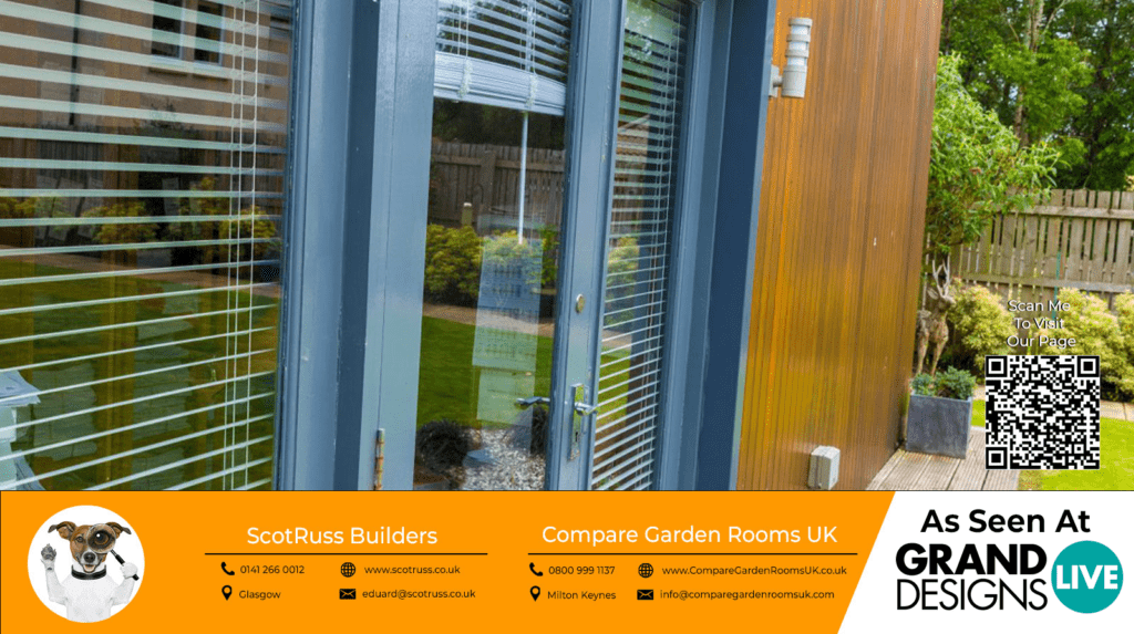 close up of oak garden room with grey doors and windows