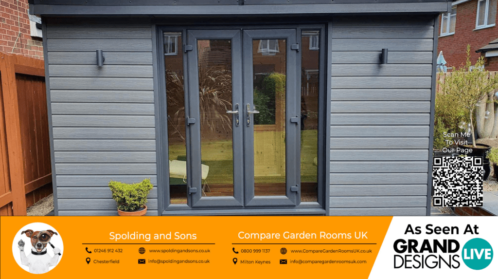 light grey garden room with dark grey french doors