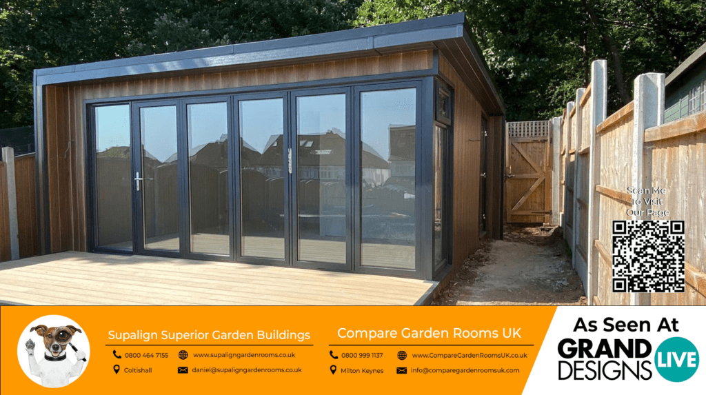 oak garden room with dark grey bi folding doors