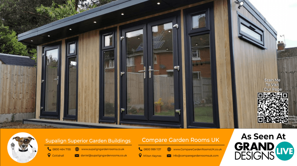oak garden room with dark grey bi folding doors